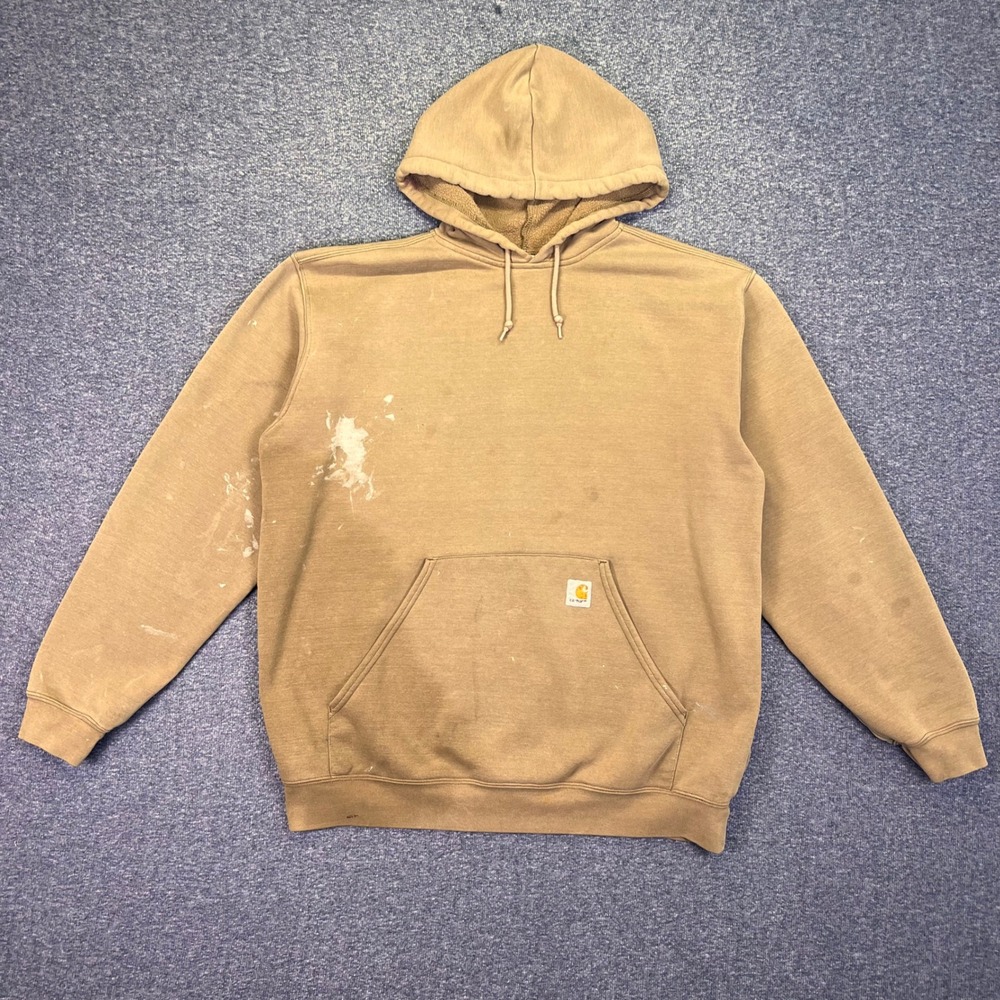 Carhartt Hoodie Mens XL Tan Distressed Workwear Pullover Paint Splatter Pocket